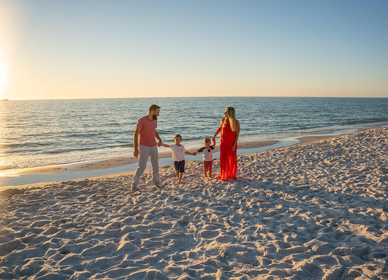 family, sunset, beach, children, family portrait, vacation, leisure, nature